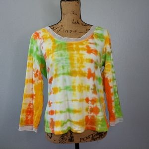 Janeville Woimens Large Orange Green Tie Die Blouse Top